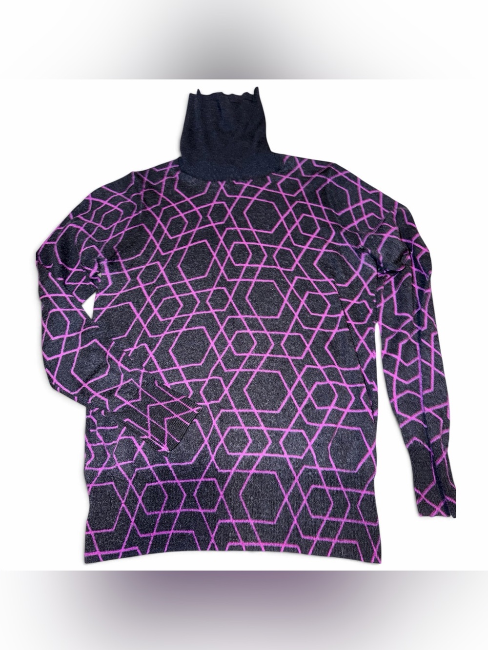 J. Crew Black Turtleneck Sweater with Purple Geometric Pattern